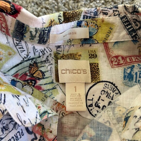 Chicos Women's Sz M Shirt Stamps & Butterfly Print 3/4 Sleeves Multicolor - Picture 5 of 9